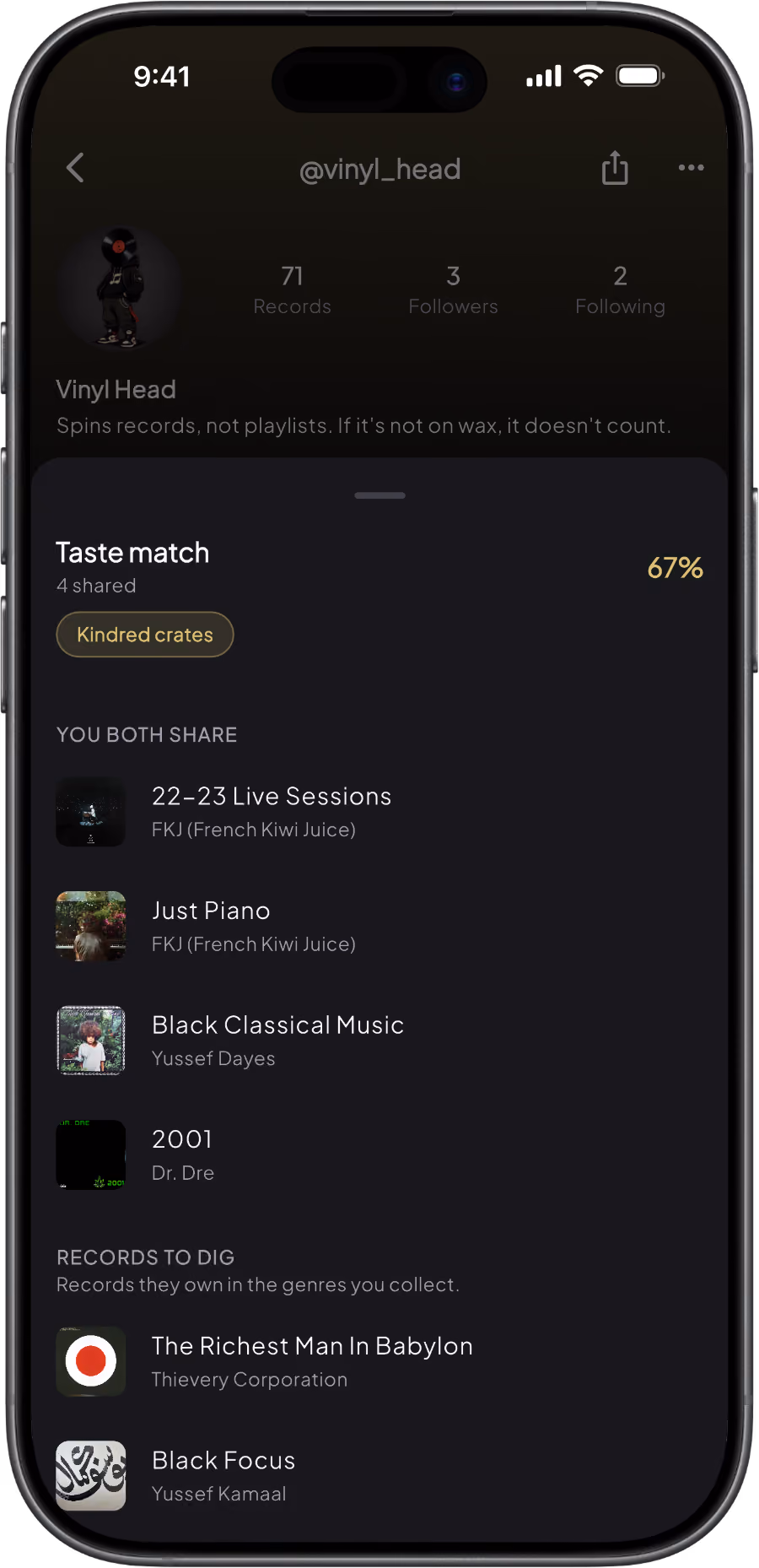 Mobile app screen showing vinyl record taste match with 67% similarity and shared album lists.