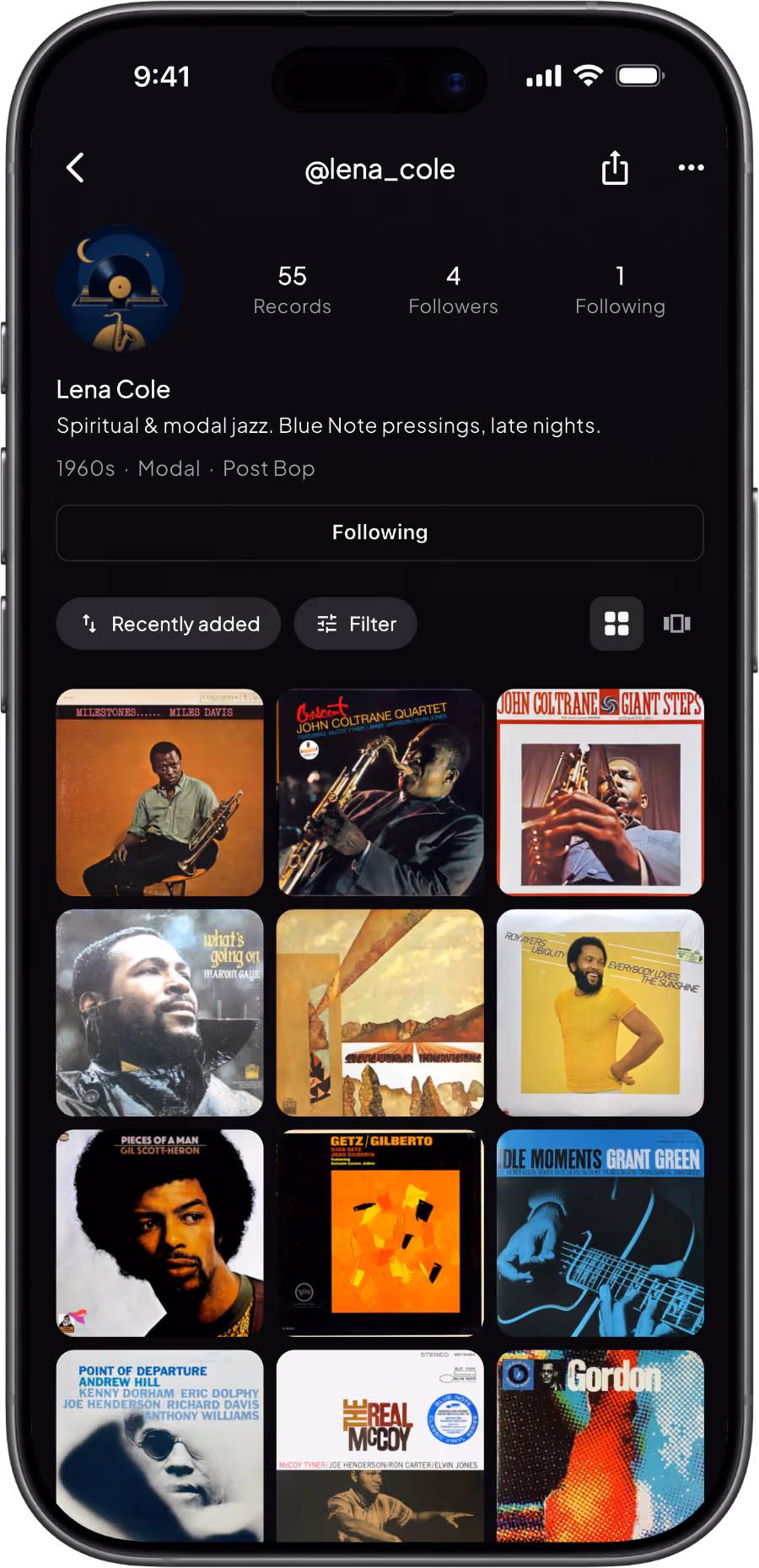 Mobile app profile for Lena Cole showing jazz record collection and follower stats on a dark interface.