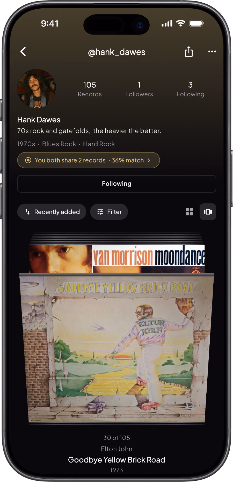 Music profile of Hank Dawes with Elton John's Goodbye Yellow Brick Road album displayed on a phone screen.