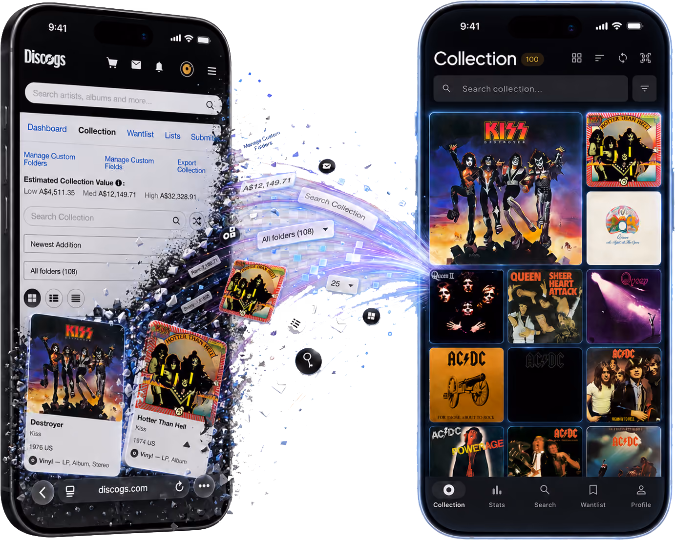 Groovv vinyl collection app showing a Discogs import and a visual grid of album covers.