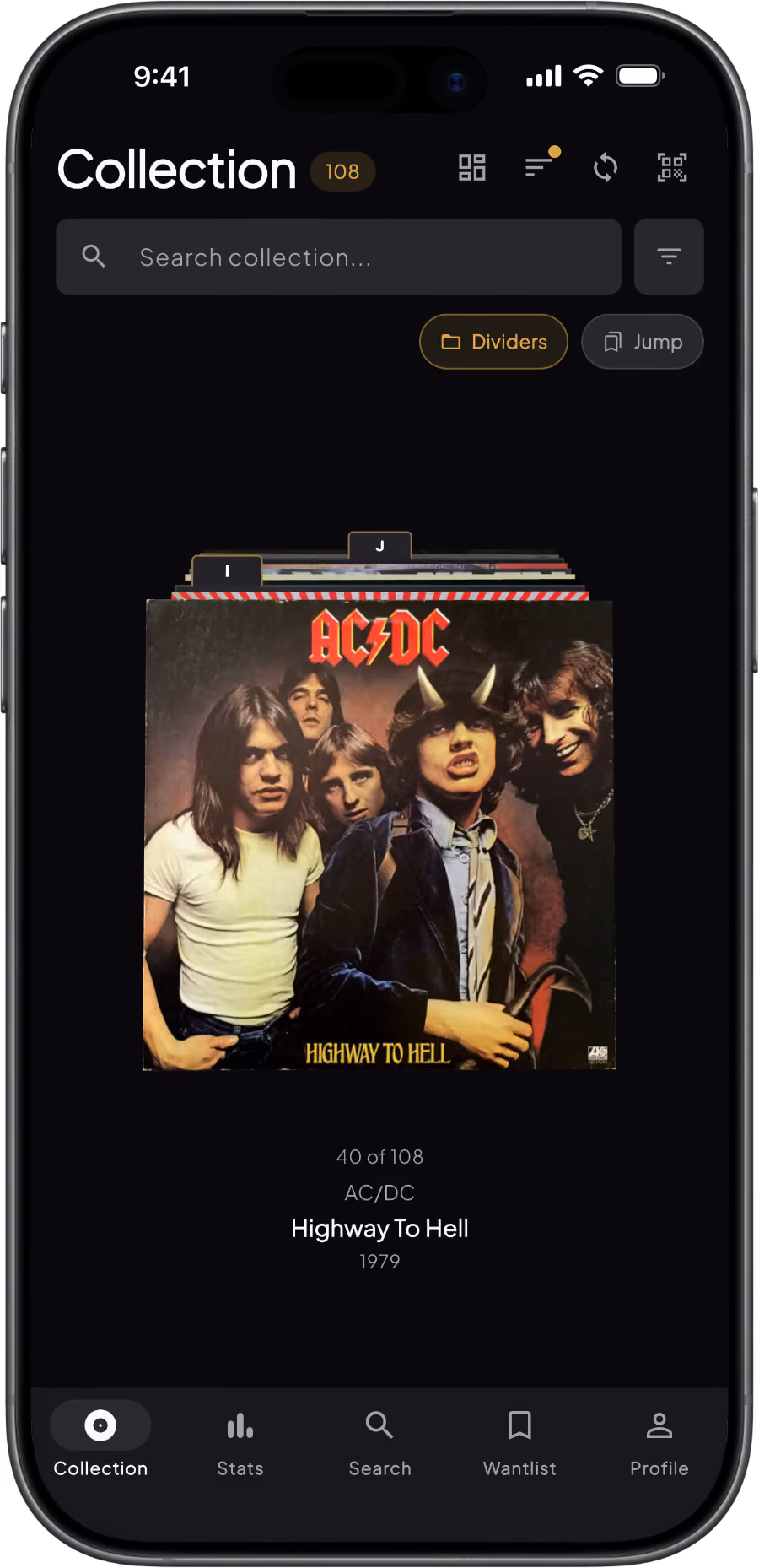 Smartphone screen showing Groovv, a vinyl collection app with the album 'Highway To Hell' by AC/DC from 1979 displayed; album cover features band members with lead singer wearing devil horns and holding a cane. Navigation icons for Collection, Stats, Search, Wantlist, and Profile are visible at the bottom.