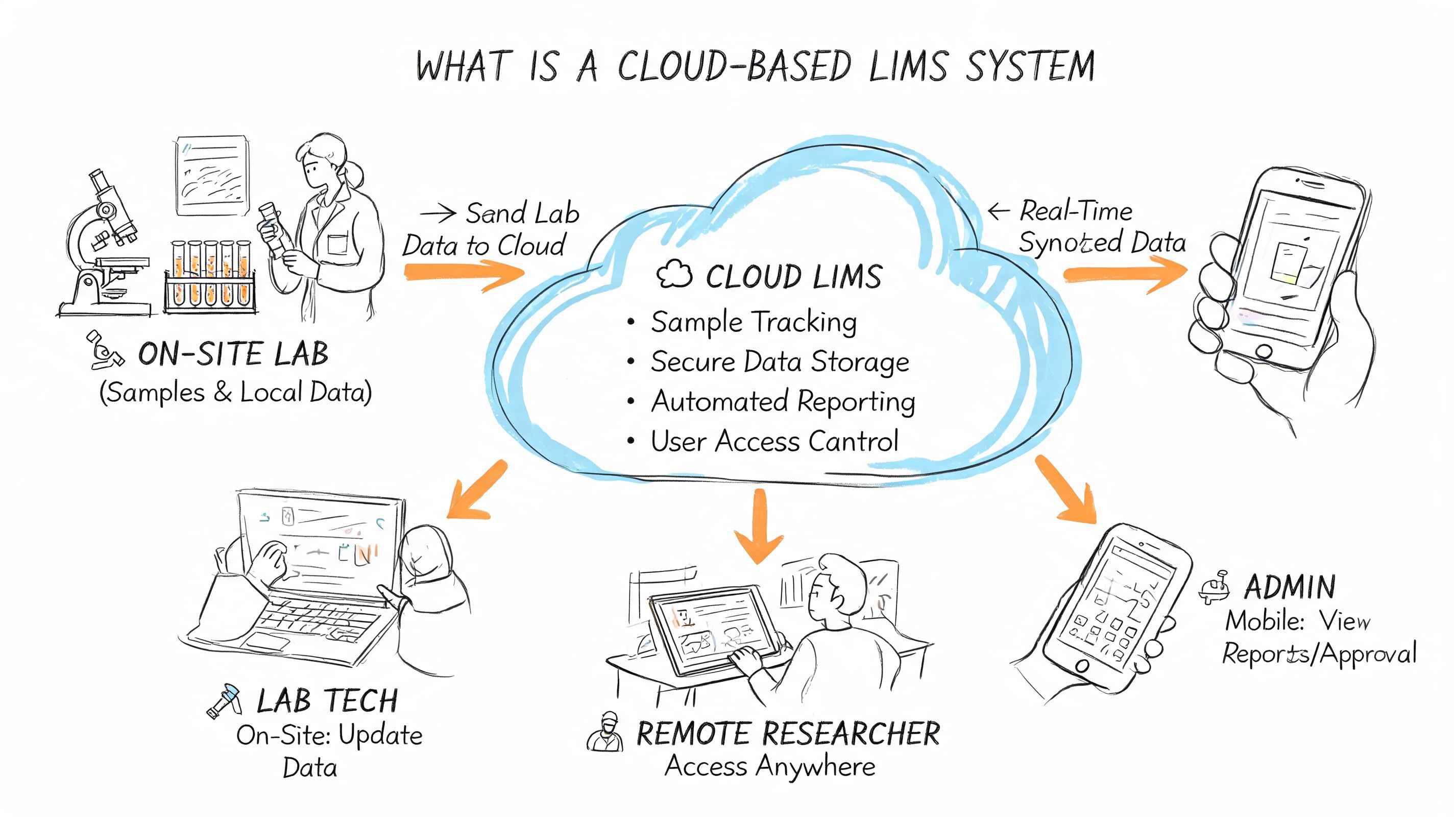 A diagram illustrating a cloud-based LIMS system connecting laboratory data to researchers and administrators.