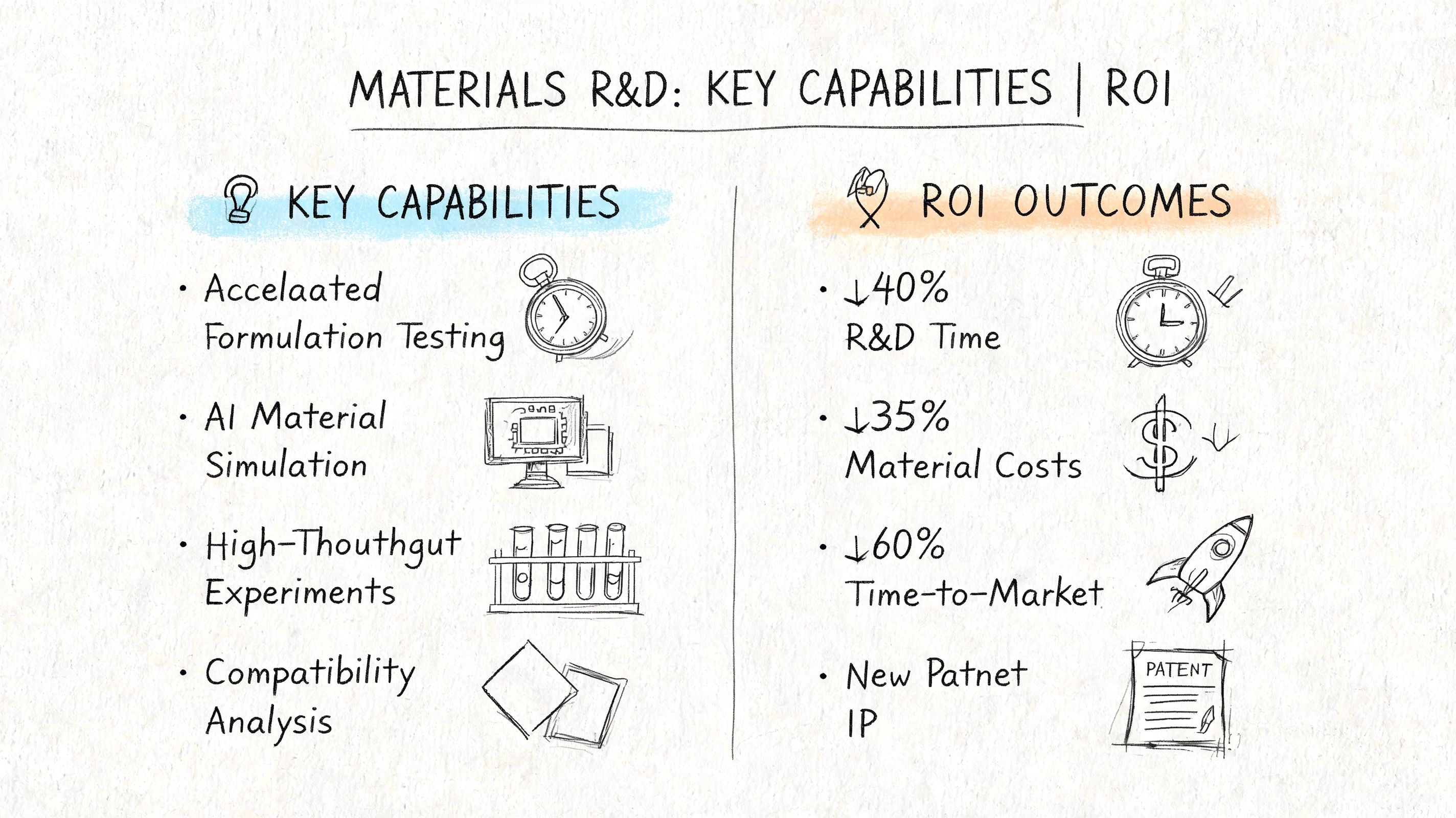 A hand-drawn chart comparing R&D key capabilities with their respective ROI outcomes in materials science.