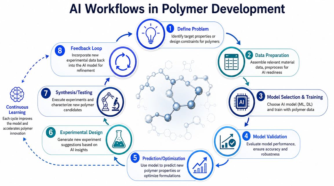 A circular diagram illustrating an eight-step artificial intelligence workflow for the development of new polymer materials.