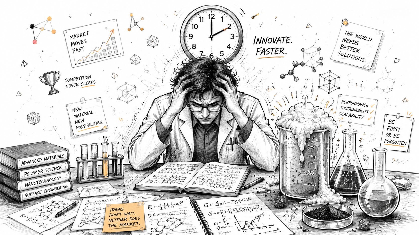 A stressed scientist working in a laboratory surrounded by research papers, chemical diagrams, and notes on innovation.