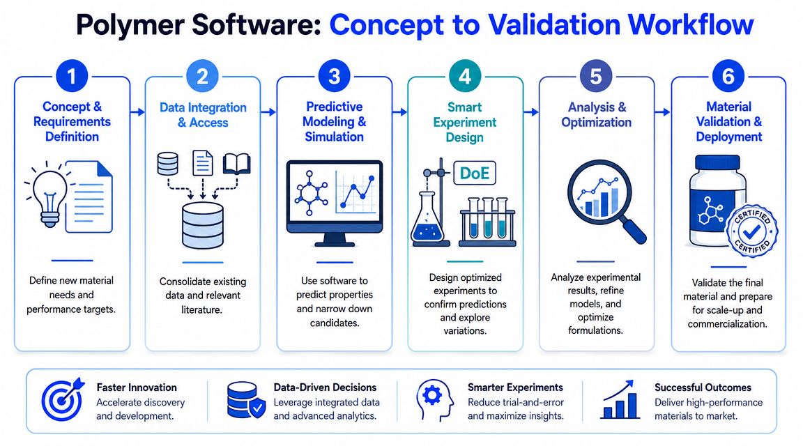 A six-step workflow diagram titled Polymer Software illustrating the process from concept to material validation.
