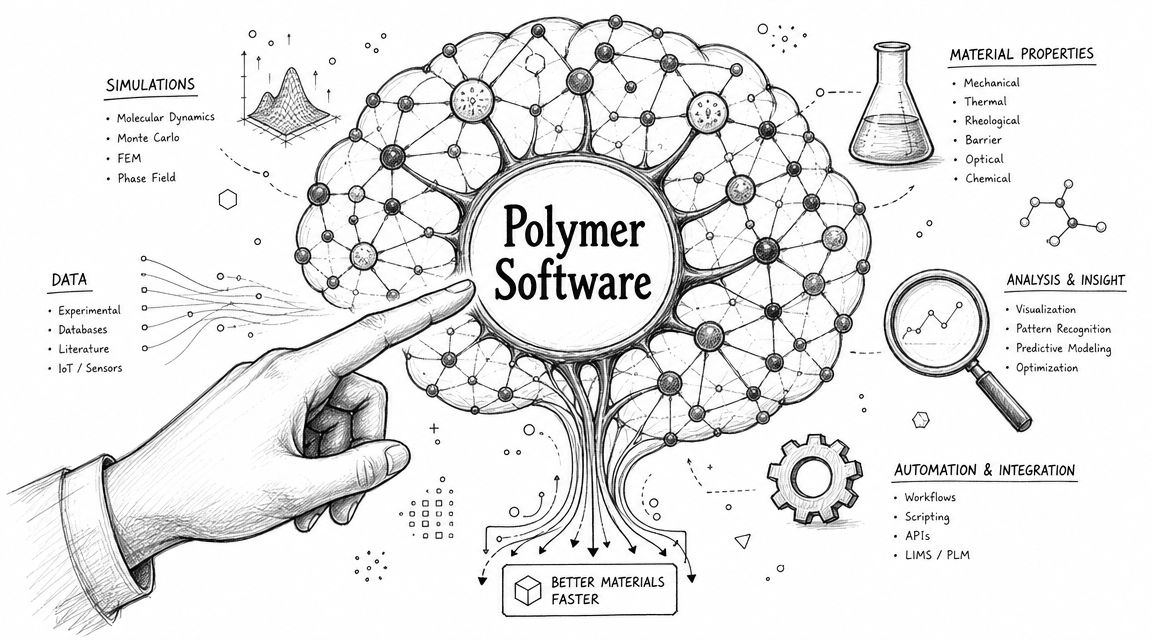 An illustration showing a hand touching a brain shaped network diagram representing polymer software development solutions.