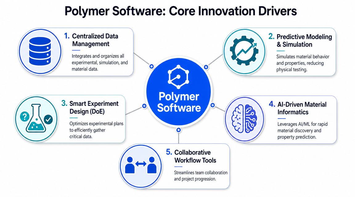 A diagram outlining the five core innovation drivers for polymer software technology and material development workflows.