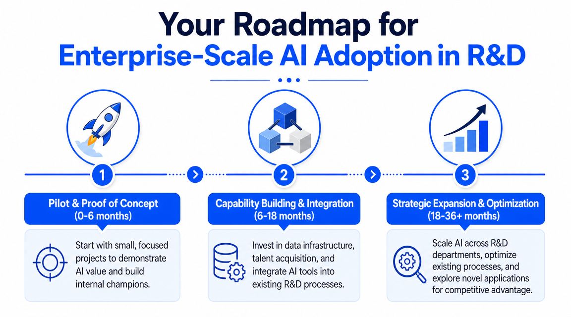 A three-step roadmap infographic for implementing enterprise-scale artificial intelligence within research and development departments.