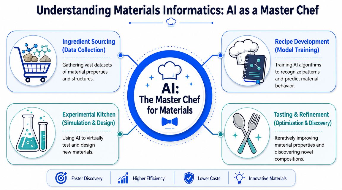 A diagram illustrating the Materials Informatics process, comparing AI development to a master chef creating recipes.