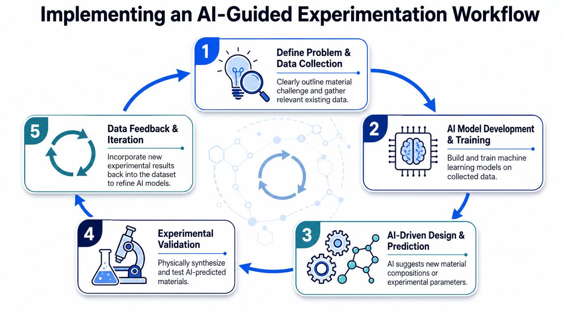 A five-step circular workflow diagram illustrating the implementation of an AI-guided material science experimentation process.