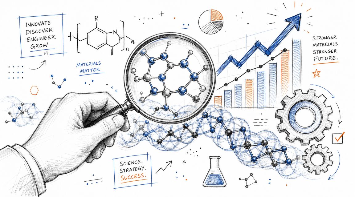 A hand holding a magnifying glass over a chemical molecular structure surrounded by charts and gears.