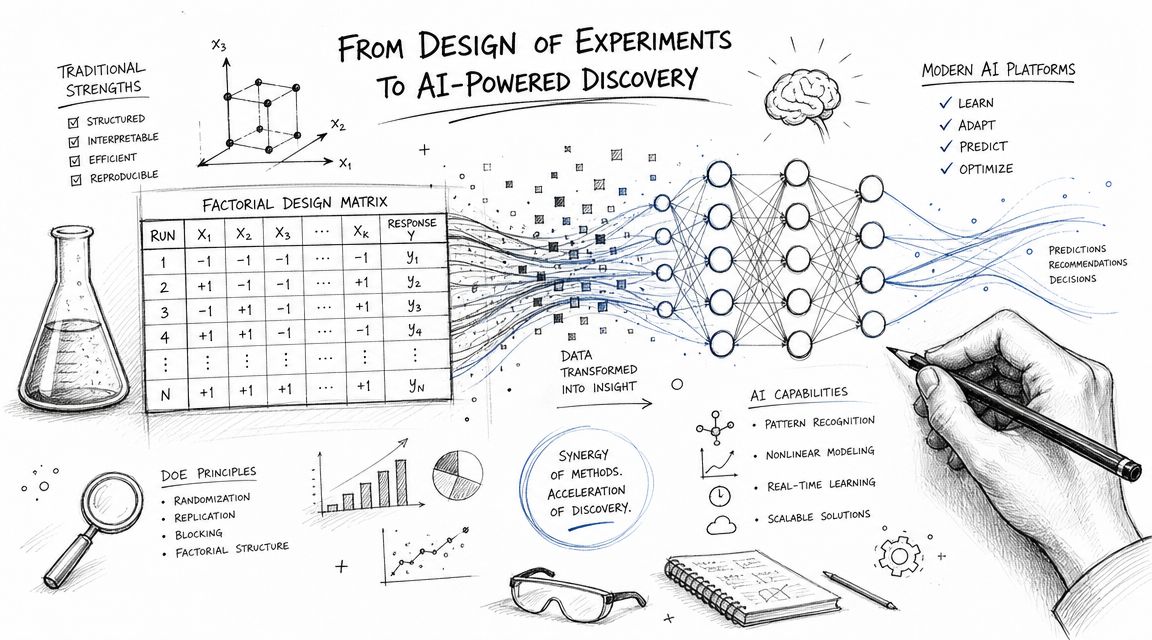 A hand-drawn illustration depicting the evolution from traditional Design of Experiments to modern AI-powered discovery methods.