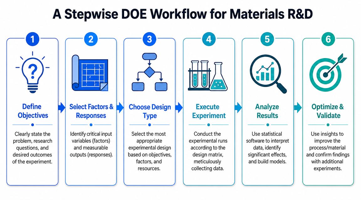 A six-step flowchart illustrating a structured Design of Experiments workflow for materials research and development projects.
