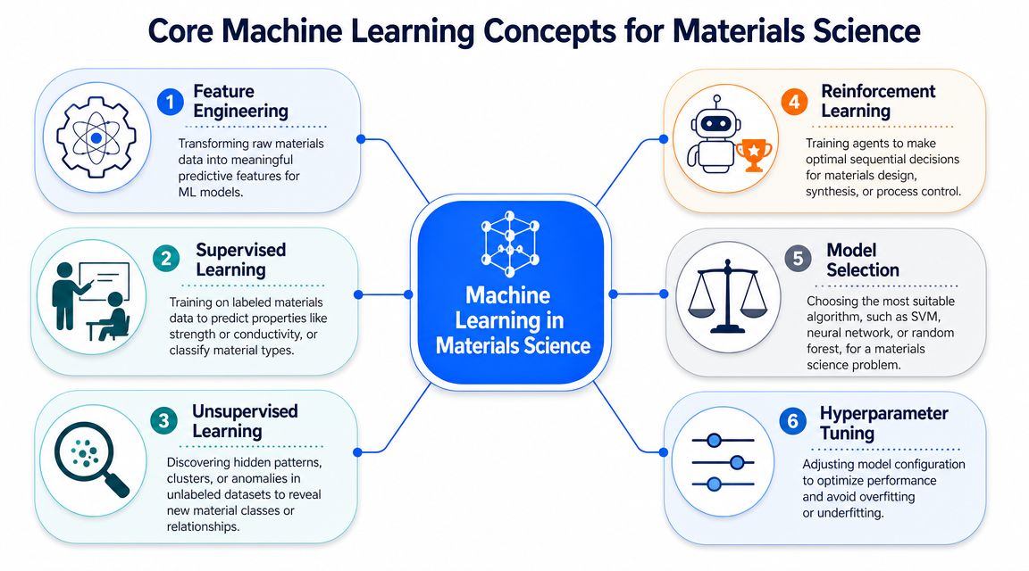 A diagram illustrating six core machine learning concepts applied to materials science, including engineering, learning, and tuning.