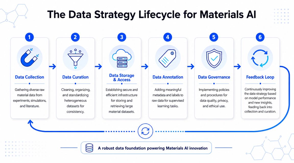 A diagram illustrating the six steps of the data strategy lifecycle for materials science artificial intelligence.