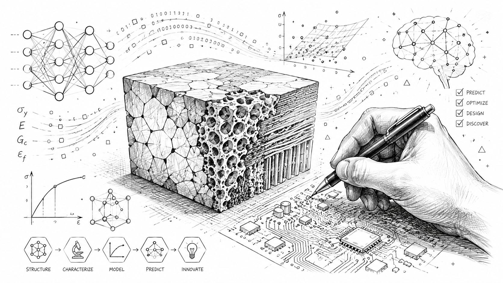 A hand sketches a circuit board next to a multi-layered material cube illustrating materials science and machine learning.