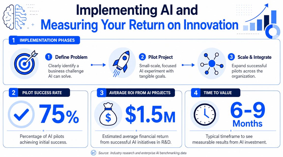 An infographic showing the three phases of implementing AI, pilot success rates, average ROI, and time to value.
