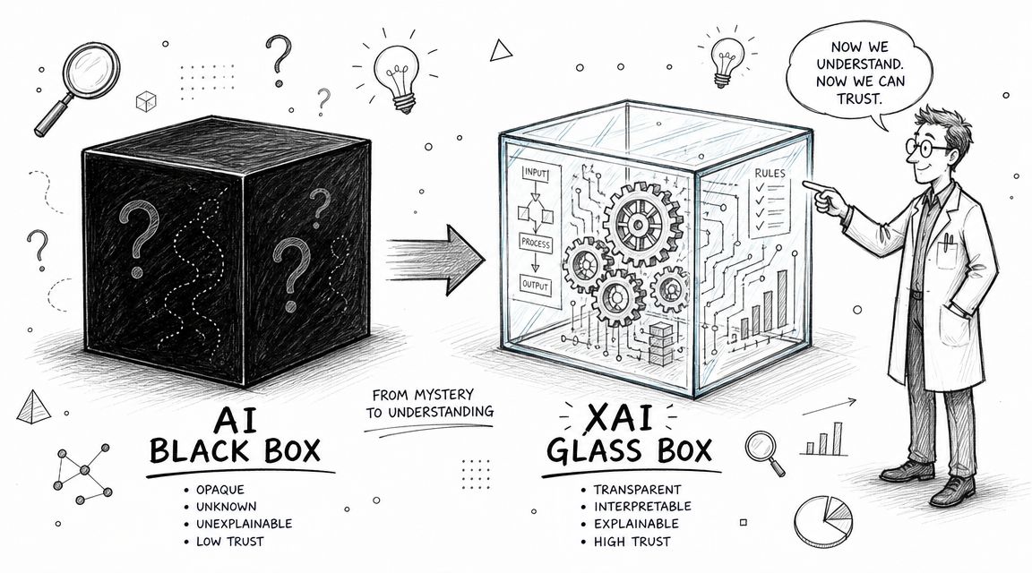 A conceptual drawing comparing a mysterious black box representing AI with a transparent glass box representing XAI.