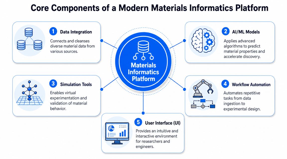 A diagram illustrating the five core components of a modern materials informatics platform: data, AI, simulation, automation, and UI.