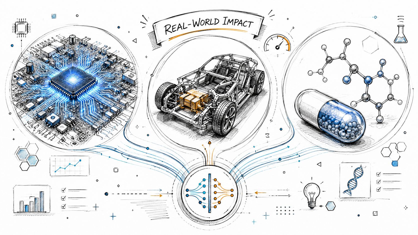 Conceptual illustration showing technology, automotive, and pharmaceutical advancements connected to a central data informatics hub.