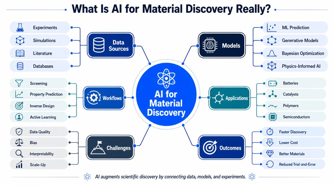 A comprehensive infographic illustrating how AI accelerates material discovery through data, models, workflows, applications, challenges, and outcomes.