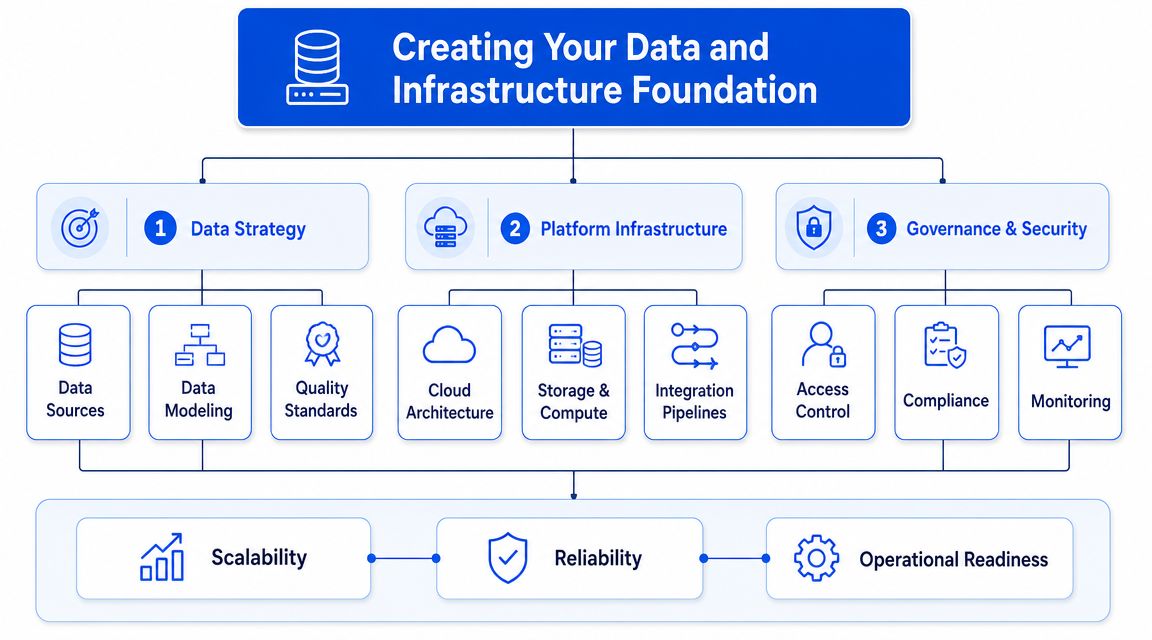 A diagram outlining a framework for building data and infrastructure foundations with strategy, platform, and governance components.