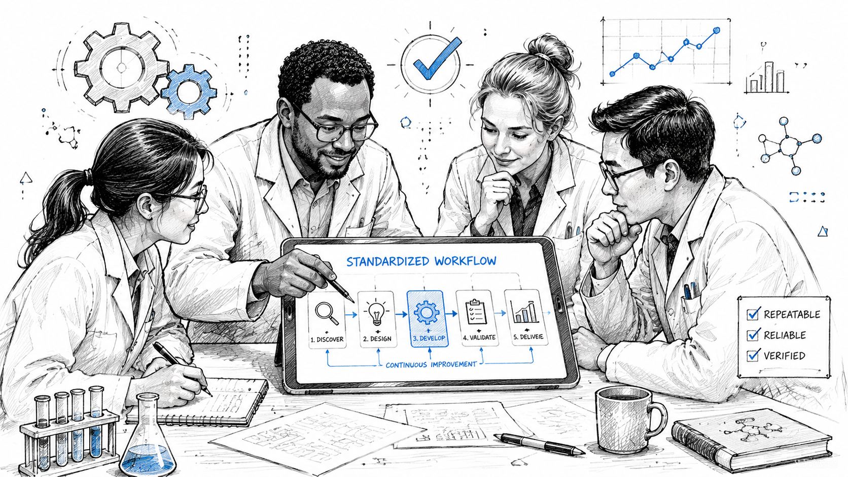 Four scientists in lab coats collaborating on a standardized workflow project around a digital tablet display.