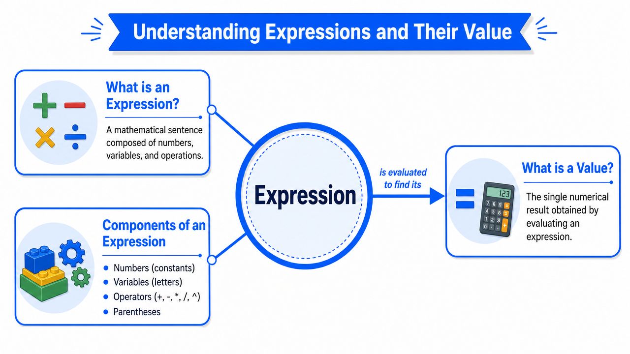 A diagram explaining that mathematical expressions are composed of numbers and variables, which result in a single value.