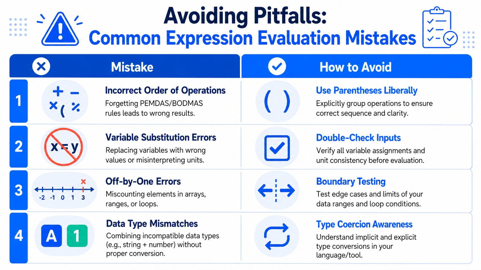 A chart illustrating common mathematical and programming expression evaluation mistakes and how to avoid them effectively.