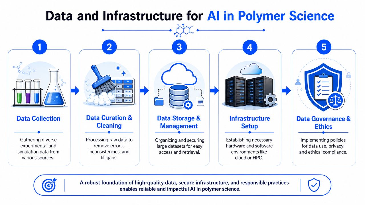 A diagram outlining the five-step process of data and infrastructure requirements for AI in polymer science research.