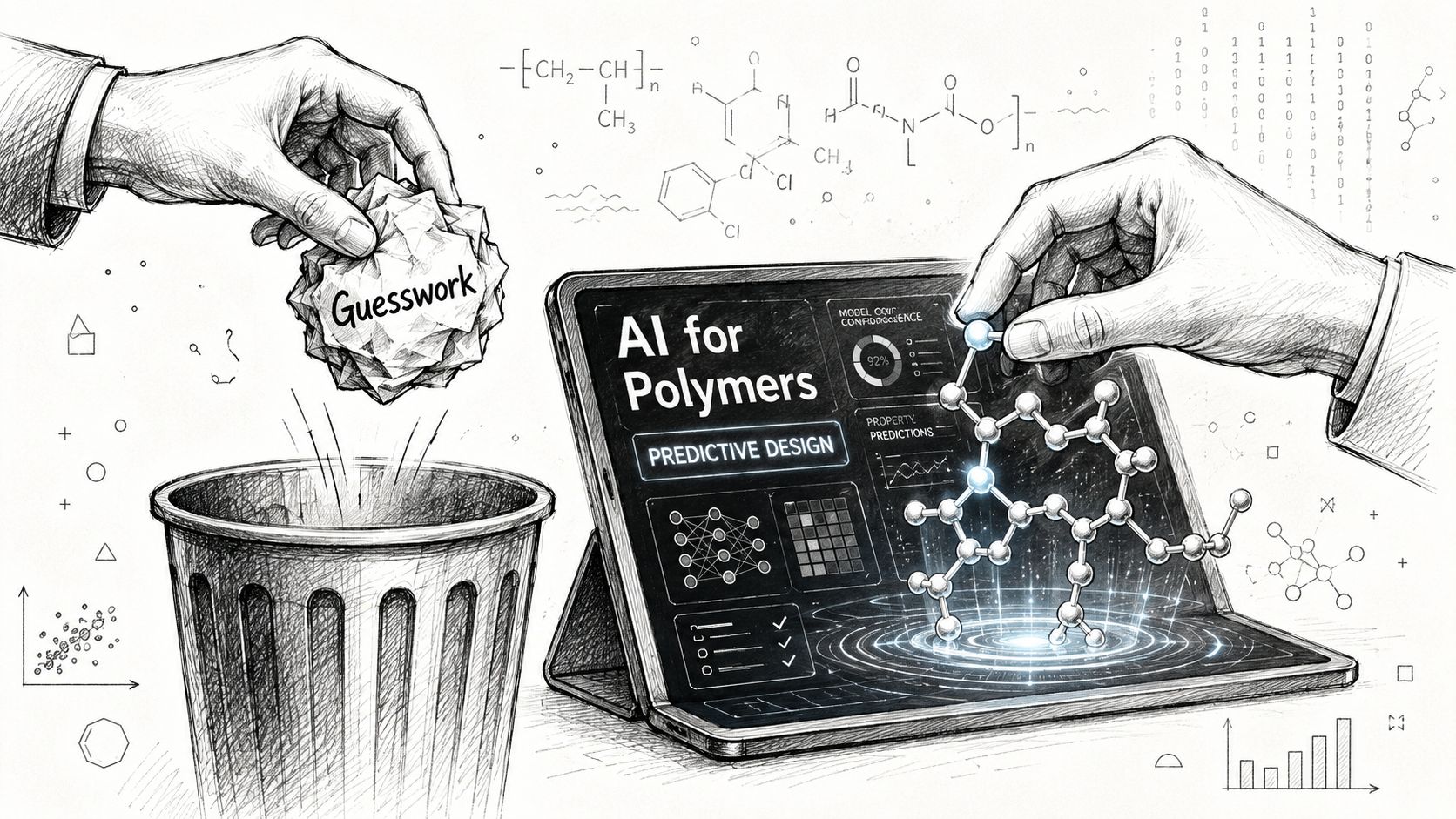 A hand discards a crumpled paper labeled Guesswork into a trash can while another uses digital AI software.