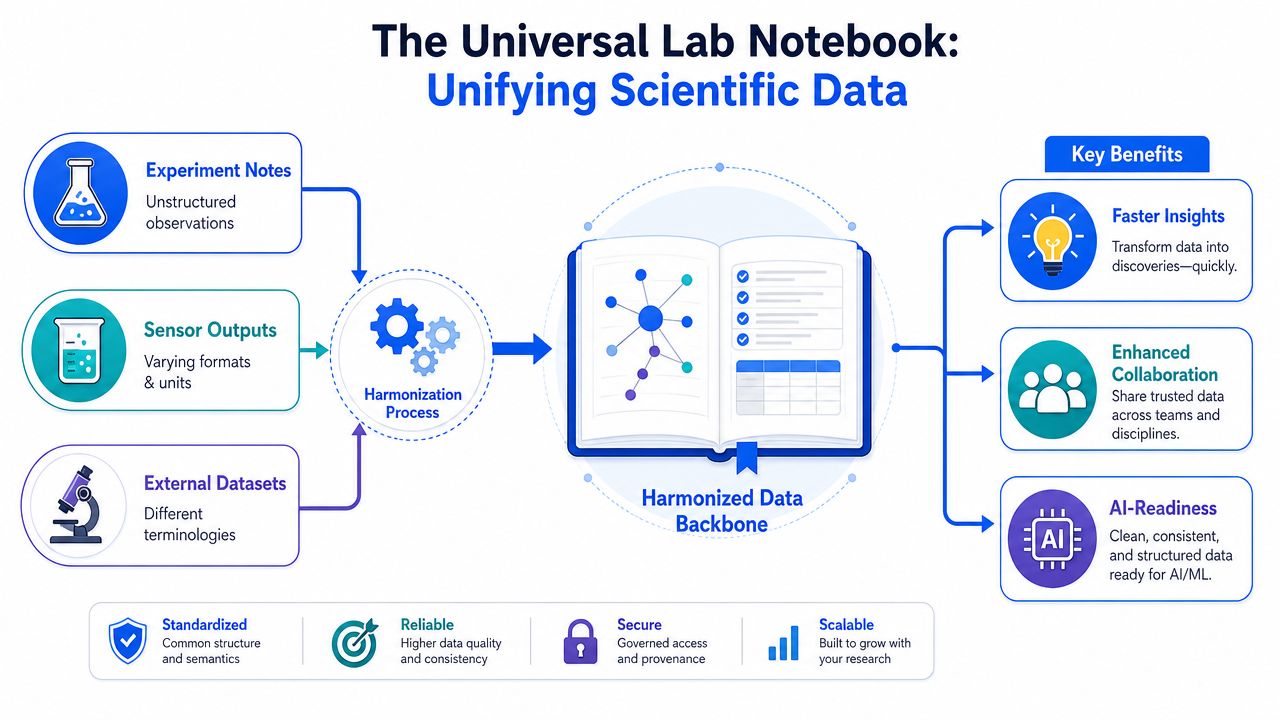 A diagram illustrating the Universal Lab Notebook process of unifying various scientific data sources into a backbone.