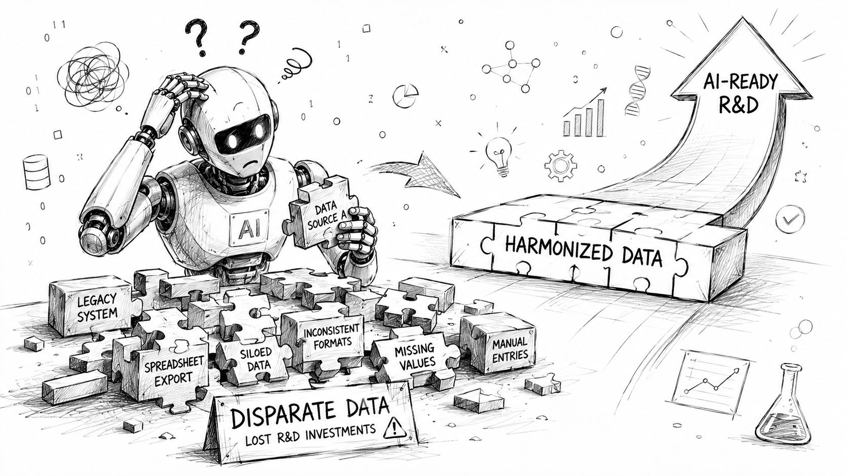 A robot assembling puzzle pieces from disparate data sources into a harmonized structure for AI-ready R&D.