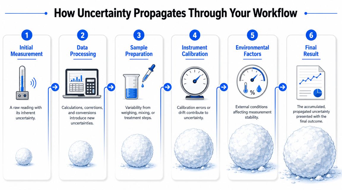 A diagram illustrating how uncertainty grows like a snowball as it propagates through a scientific workflow process.