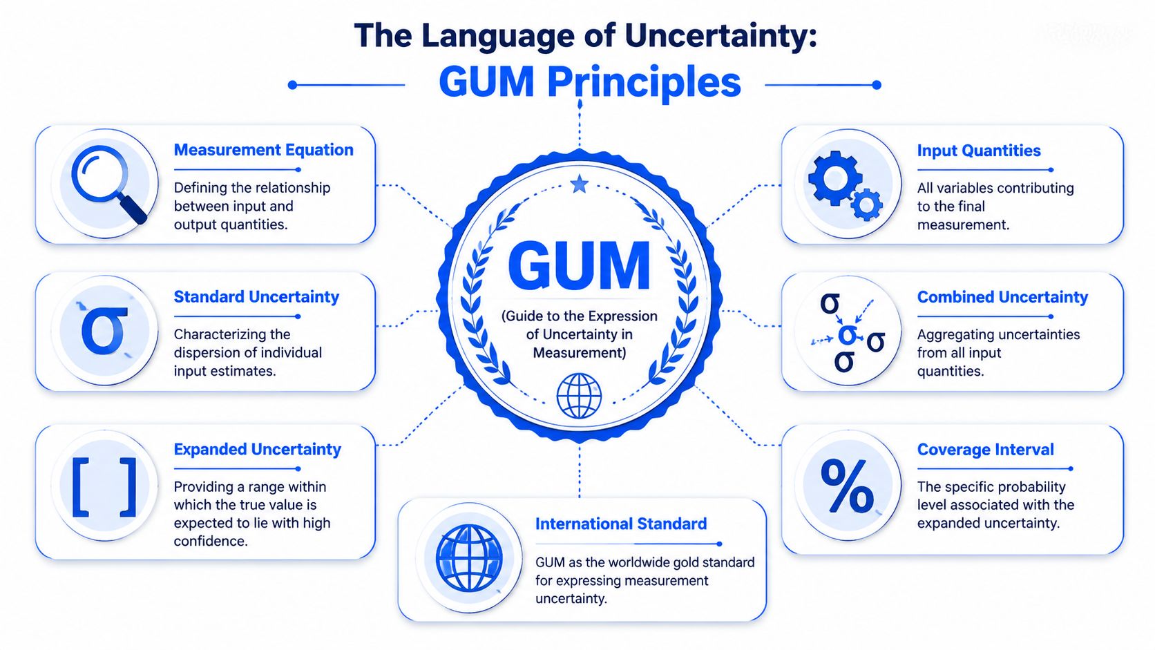 A diagram illustrating the core principles of GUM, the international guide for expressing measurement uncertainty.