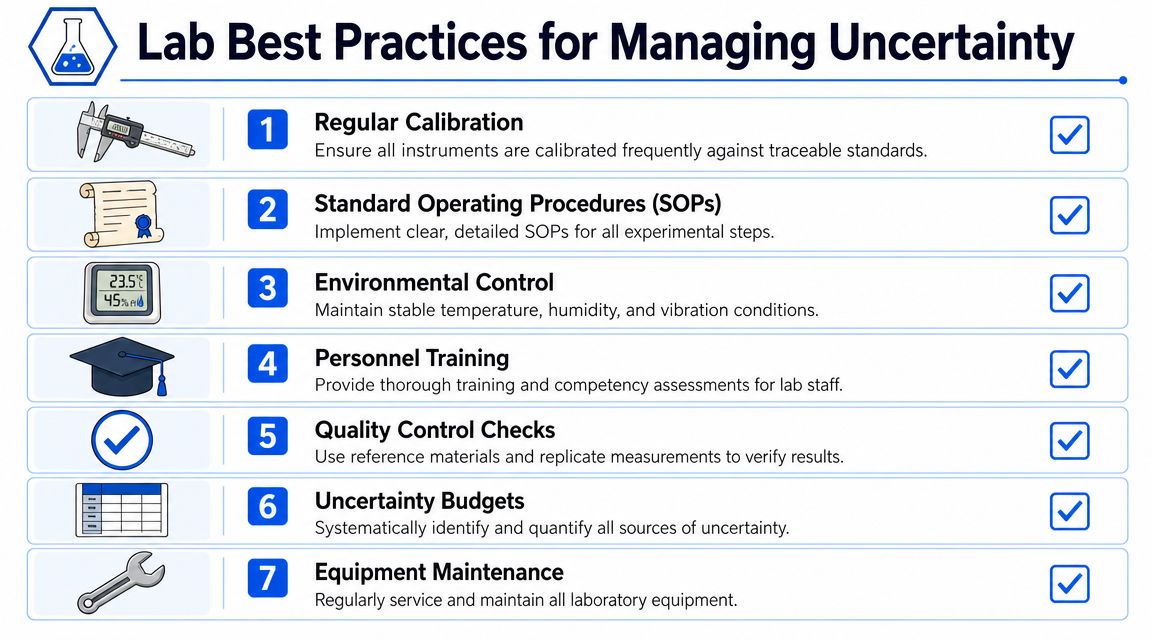 A checklist infographic titled Lab Best Practices for Managing Uncertainty, outlining seven essential steps for accurate measurement.