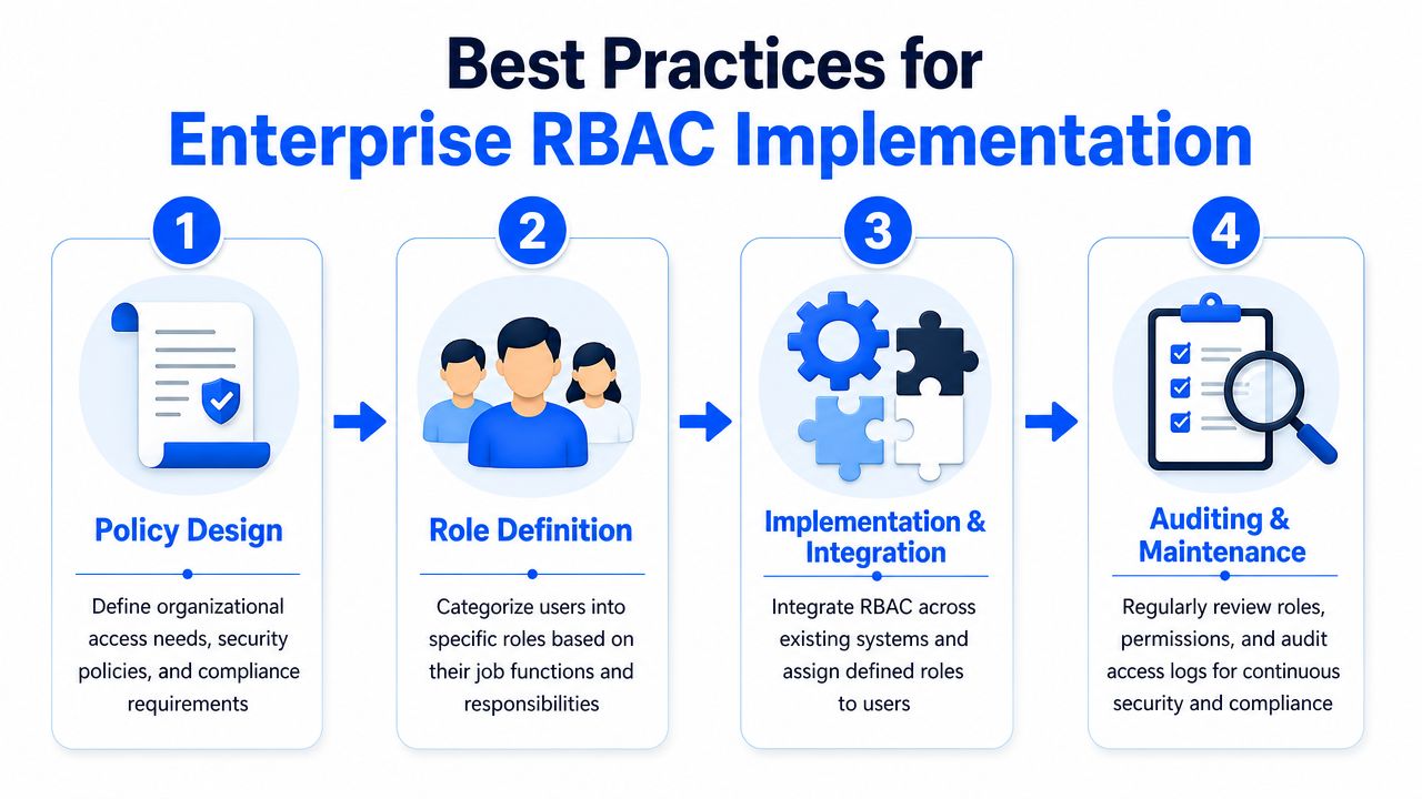A diagram outlining the four essential steps for implementing enterprise role-based access control within an organization.