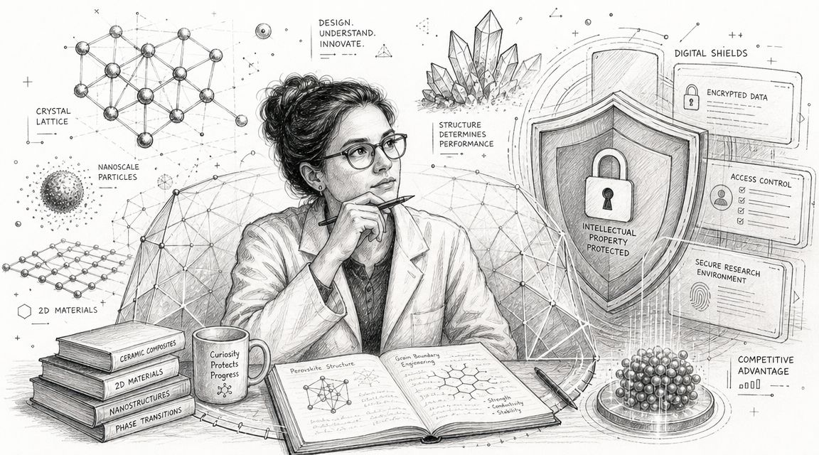 A scientist in a lab coat studies materials science, framed by digital security and research protection symbols.