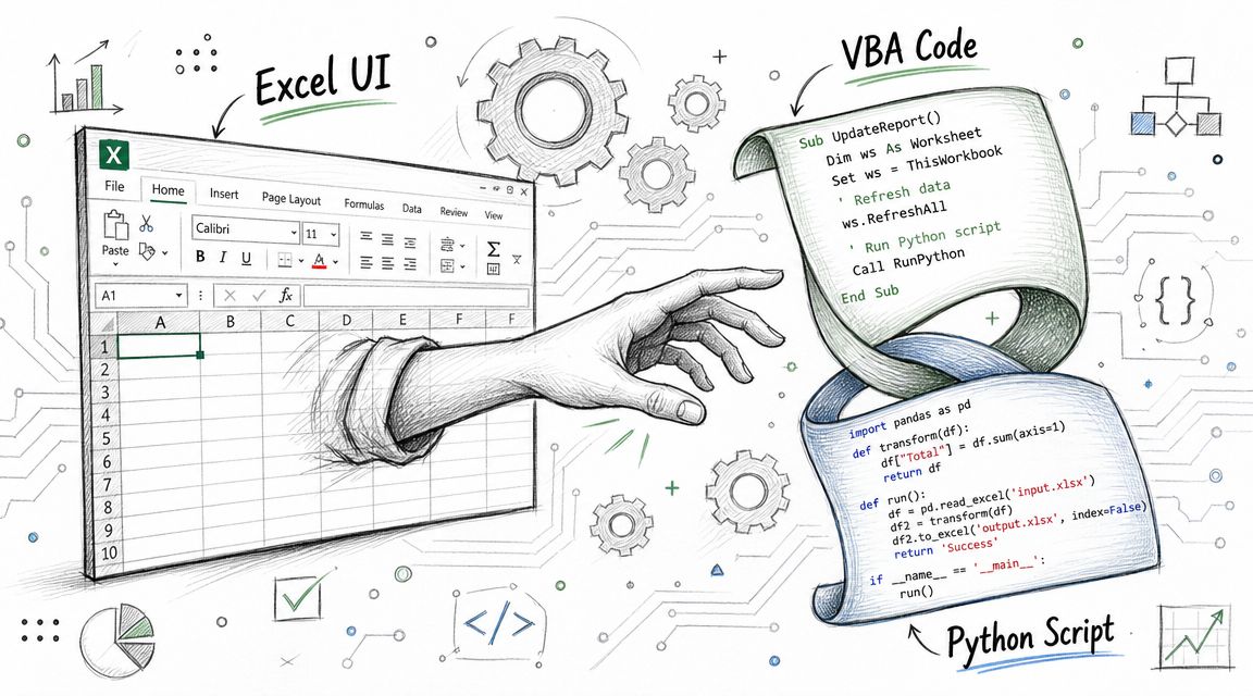 A hand reaching from an Excel interface towards VBA and Python code snippets for data automation.