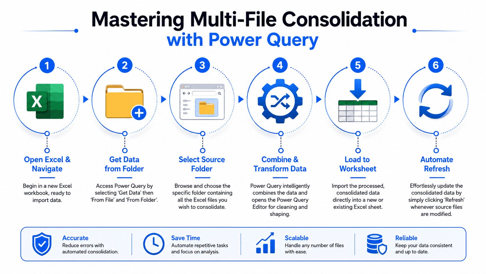 A six-step infographic illustrating how to consolidate multiple Excel files using Power Query for data automation.