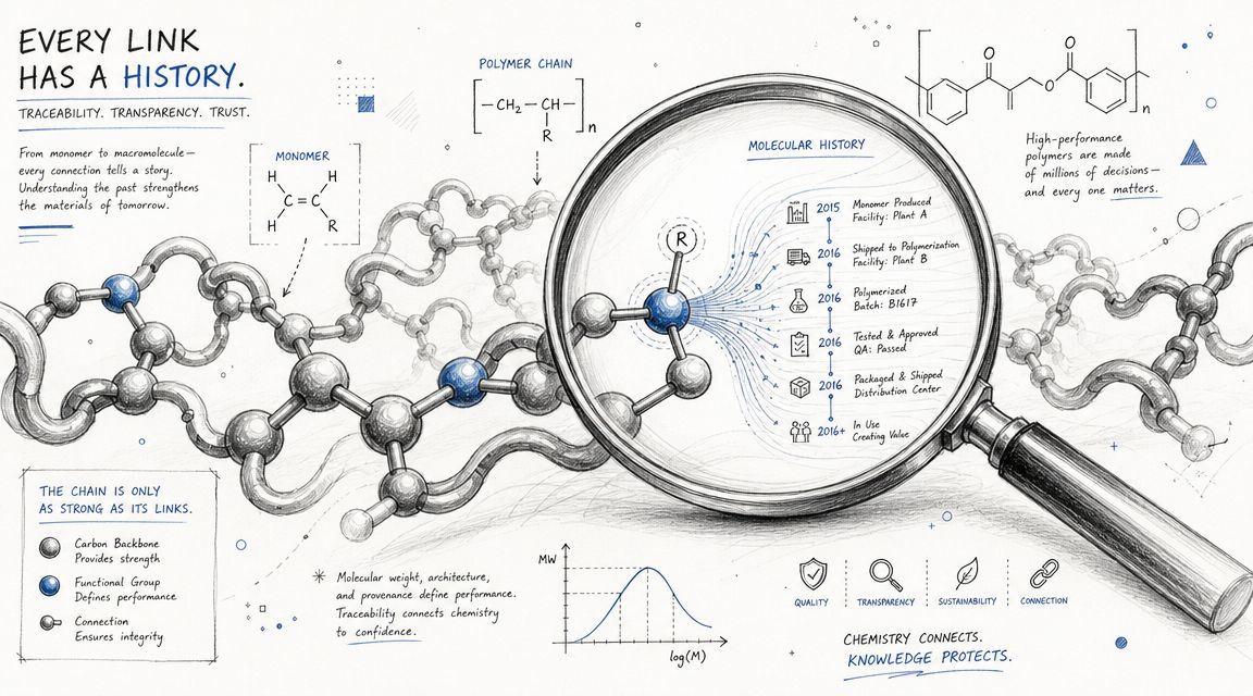 An educational illustration showing molecular structures connected to a timeline representing the traceability of chemical materials.