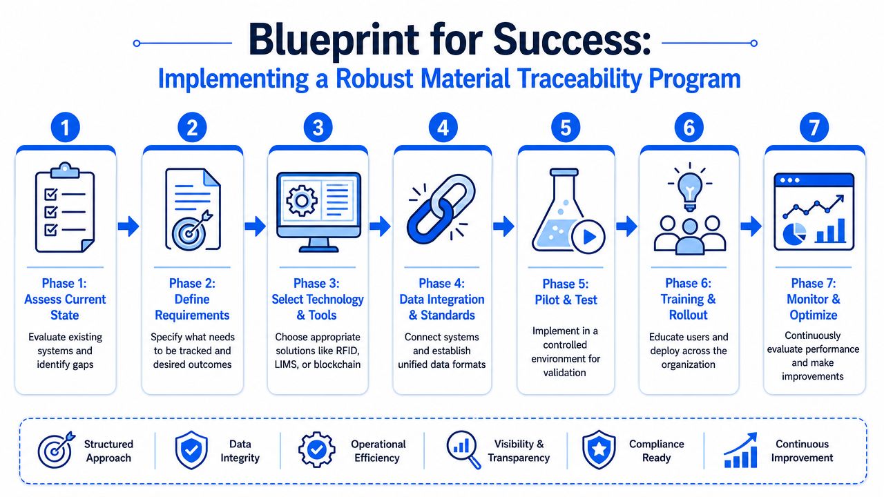 A seven-step process diagram illustrating a blueprint for implementing a robust material traceability program in organizations.