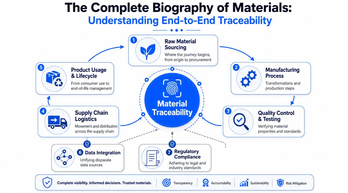 A diagram illustrating the complete biography of materials through a seven-step end-to-end material traceability process.