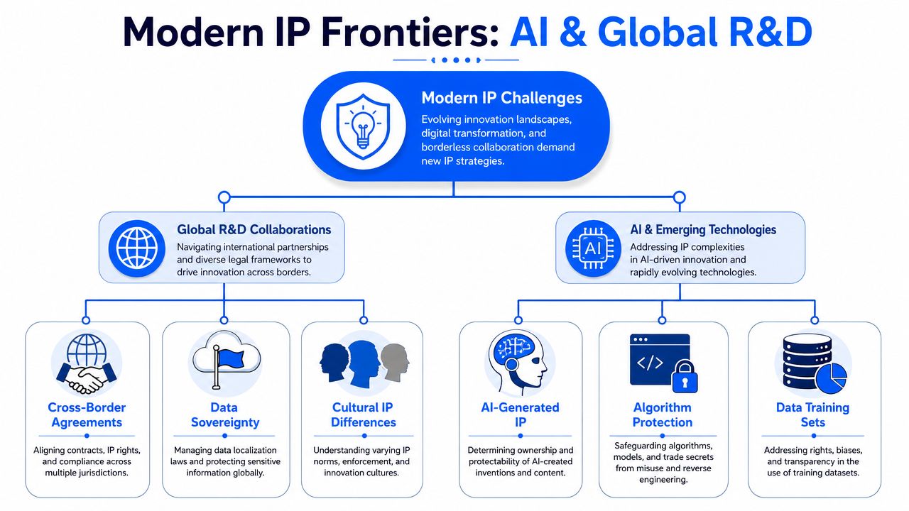 A diagram illustrating modern intellectual property challenges, highlighting global R&D collaborations and AI technology protection strategies.