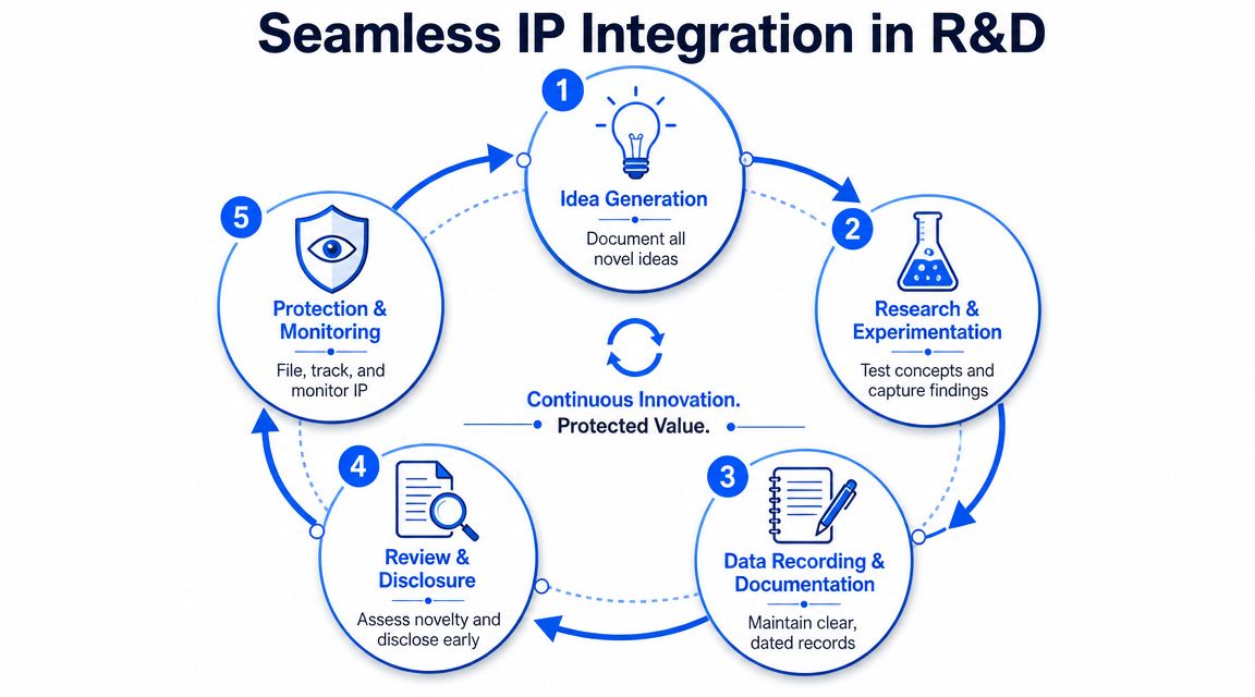 A circular diagram illustrating a five-step process for integrating intellectual property protection into research and development workflows.