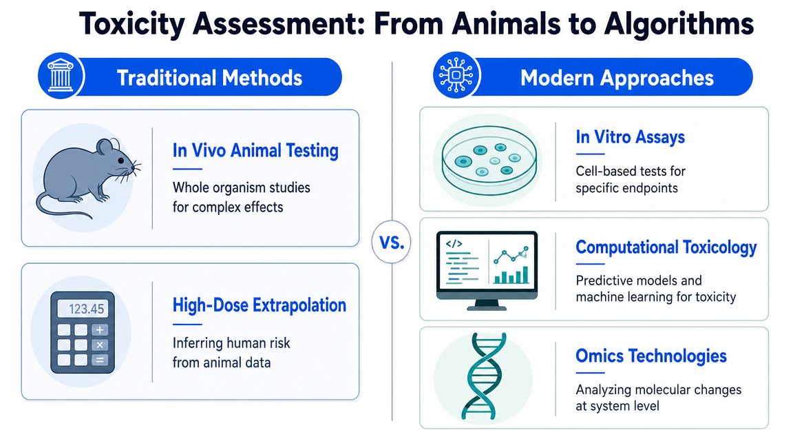 A comparison chart showing traditional animal-based toxicity assessment methods versus modern computational and molecular biological approaches.