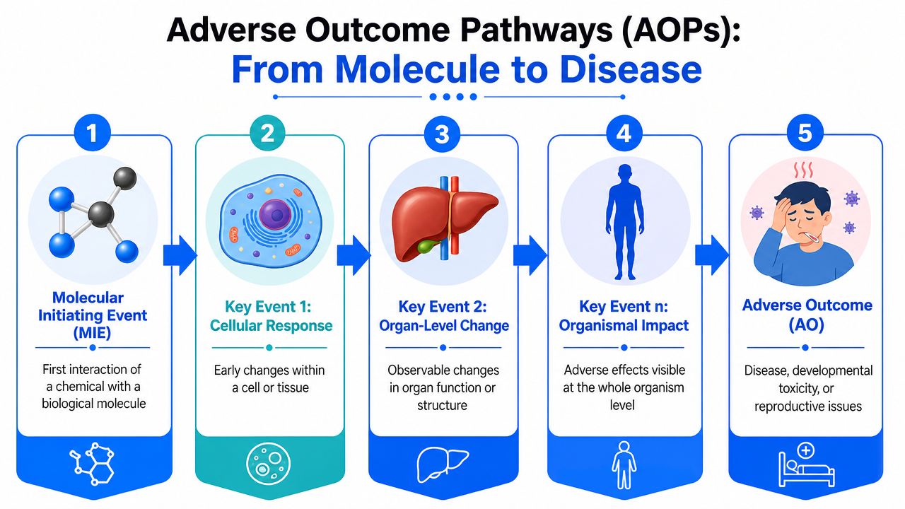 A diagram illustrating the Adverse Outcome Pathway from molecular interaction to disease in the whole organism.