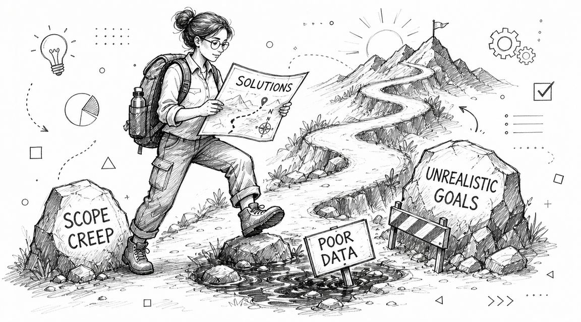 A woman hiker navigating obstacles representing project management challenges like scope creep and poor data towards success.