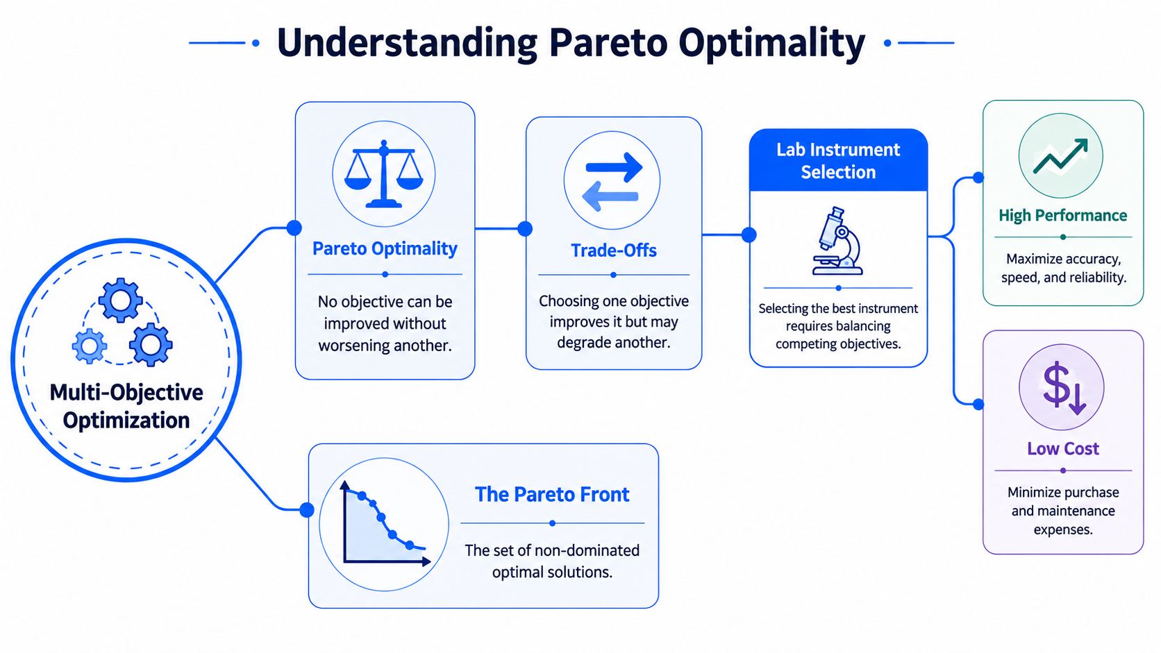 A flowchart explaining Pareto Optimality and multi-objective optimization with trade-offs between performance and cost for lab equipment.